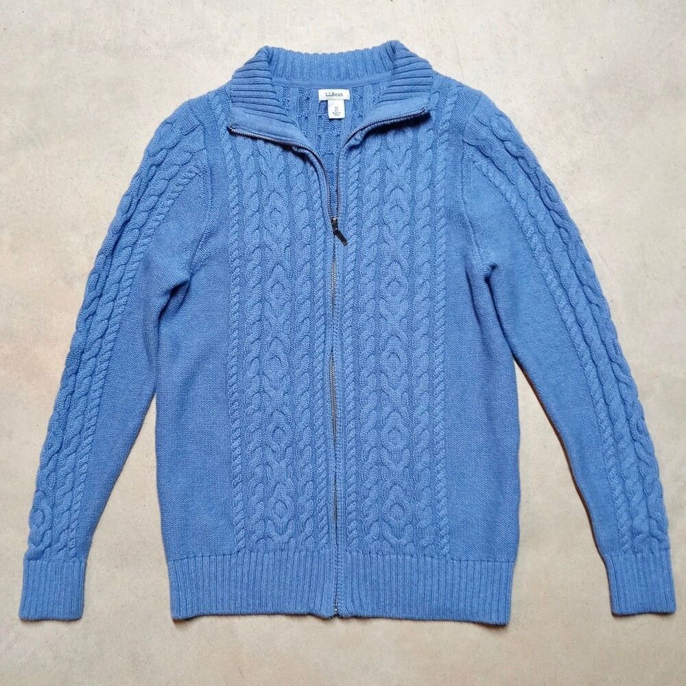 LL Bean Cotton Cardigan Sweater Women MEDIUM Full Zip Cable Knit Fisherman